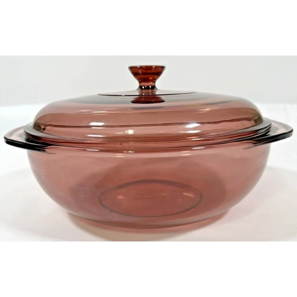 Pyrex Casserole Dish 2qt Cranberry Plum Glass Round Lid 024 Vintage USA
